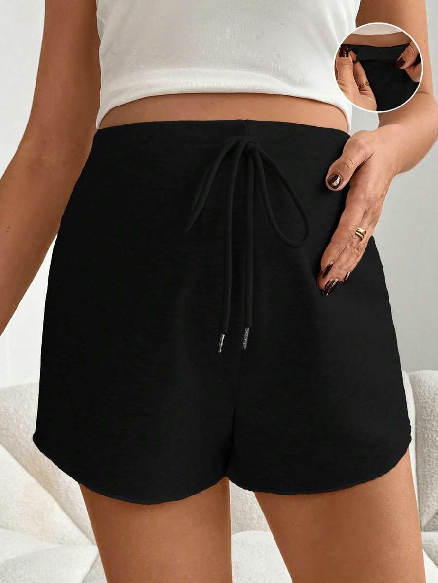 Maternity Casual Solid Black Adjustable High Waist Shorts - Loose Fit Straight Leg Summer Beach Mini Shorts