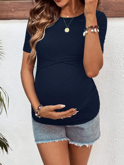 Black Crew Neck Short Sleeve Slim Fit Maternity Nursing Tee with Ruched Detail and Letter Print Knitted Fabric Casual Top