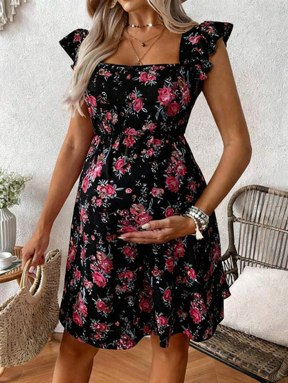 Pink Floral Maternity Square Neck Dress with Ruffle Flounce Sleeves and Boho High Waist A-Line Flare Hem Silhouette