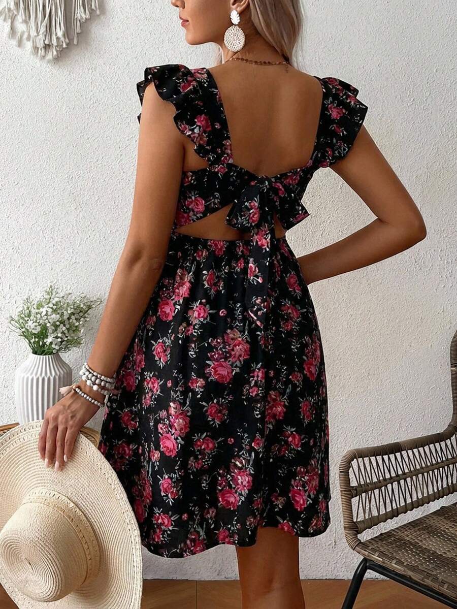 Pink Floral Maternity Square Neck Dress with Ruffle Flounce Sleeves and Boho High Waist A-Line Flare Hem Silhouette