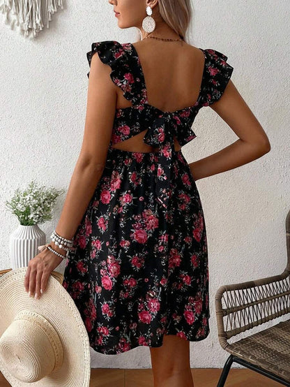 Pink Floral Maternity Square Neck Dress with Ruffle Flounce Sleeves and Boho High Waist A-Line Flare Hem Silhouette