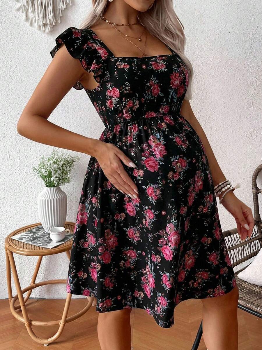 Pink Floral Maternity Square Neck Dress with Ruffle Flounce Sleeves and Boho High Waist A-Line Flare Hem Silhouette