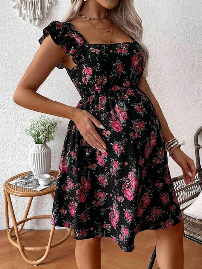 Pink Floral Maternity Square Neck Dress with Ruffle Flounce Sleeves and Boho High Waist A-Line Flare Hem Silhouette
