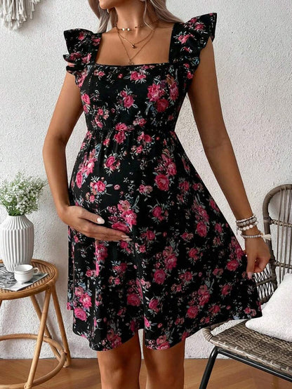 Pink Floral Maternity Square Neck Dress with Ruffle Flounce Sleeves and Boho High Waist A-Line Flare Hem Silhouette