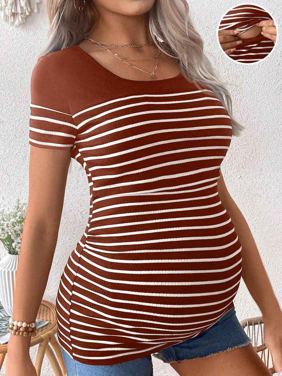 Maternity Colorblock Striped Short Sleeve Nursing T-Shirt - Slim Fit Rib-Knit Breastfeeding Scoop Neck Top