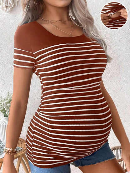 Maternity Colorblock Striped Short Sleeve Nursing T-Shirt - Slim Fit Rib-Knit Breastfeeding Scoop Neck Top