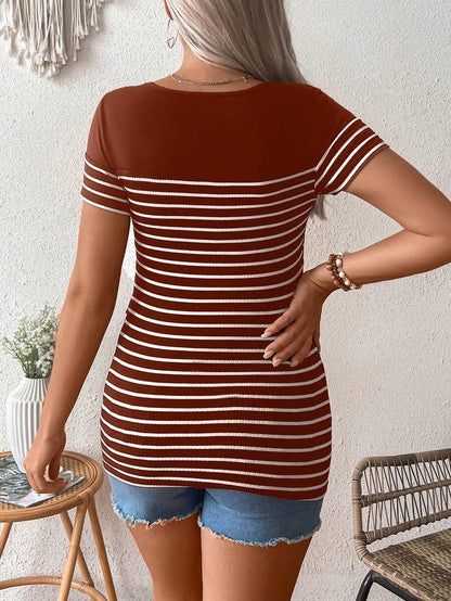 Maternity Striped Short Sleeve Nursing T-Shirt Brown Scoop Neck High Stretch Slim Fit Casual Summer Beach Nursing Top