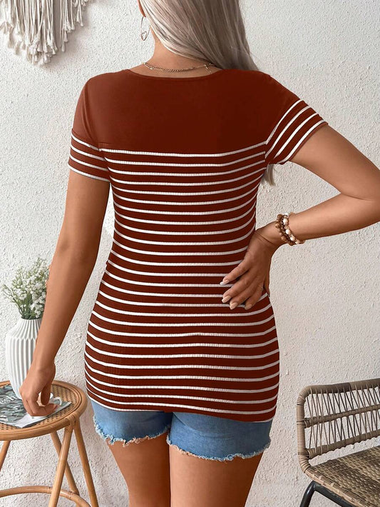 Maternity Striped Short Sleeve Nursing T-Shirt Brown Scoop Neck High Stretch Slim Fit Casual Summer Beach Nursing Top
