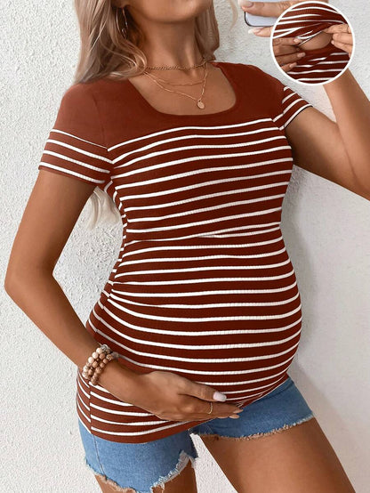 Maternity Striped Short Sleeve Nursing T-Shirt Brown Scoop Neck High Stretch Slim Fit Casual Summer Beach Nursing Top
