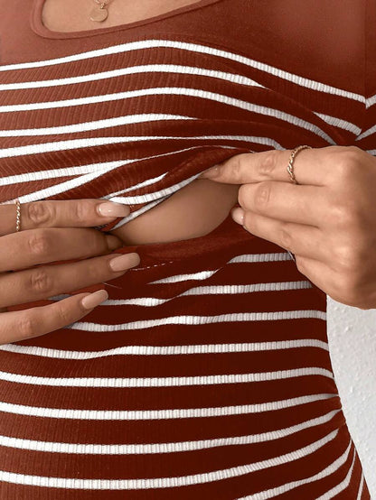Maternity Colorblock Striped Short Sleeve Nursing T-Shirt - Slim Fit Rib-Knit Breastfeeding Scoop Neck Top