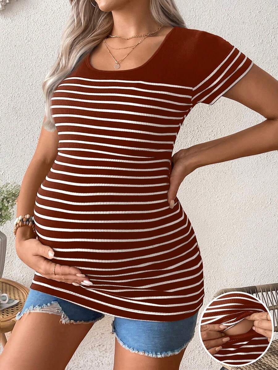 Maternity Colorblock Striped Short Sleeve Nursing T-Shirt - Slim Fit Rib-Knit Breastfeeding Scoop Neck Top