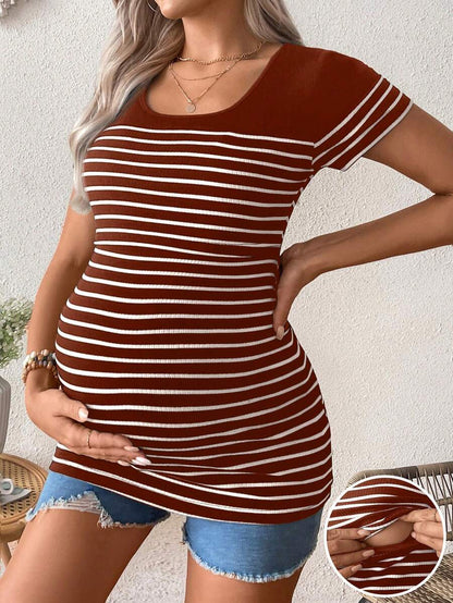 Maternity Colorblock Striped Short Sleeve Nursing T-Shirt - Slim Fit Rib-Knit Breastfeeding Scoop Neck Top