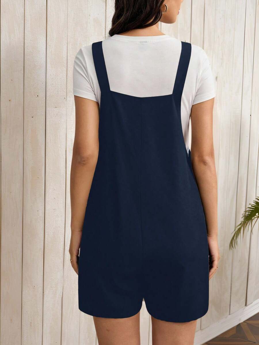 Navy Blue Maternity Button Pocket Casual Bib Romper - Sleeveless Bermuda Length Woven Overall Jumpsuit for Street Style