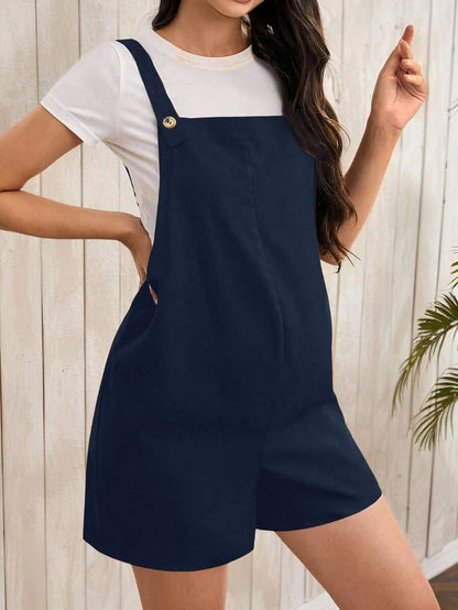 Navy Blue Maternity Button Pocket Casual Bib Romper - Sleeveless Bermuda Length Woven Overall Jumpsuit for Street Style