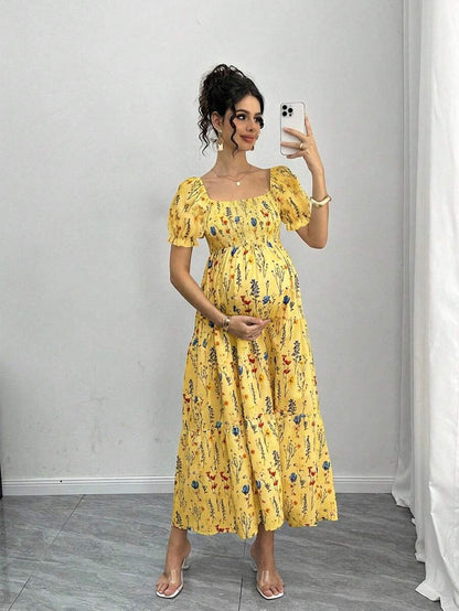 Maternity Floral A-Line Midi Dress - Square Neck, Puff Half Sleeve, Shirred, Slim Fit, Royal Blue