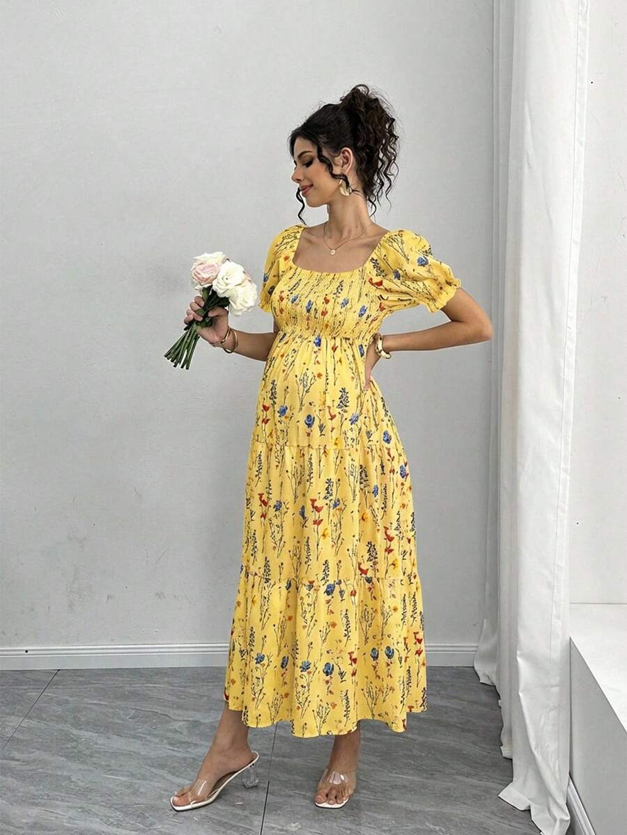Maternity Floral A-Line Midi Dress - Square Neck, Puff Half Sleeve, Shirred, Slim Fit, Royal Blue