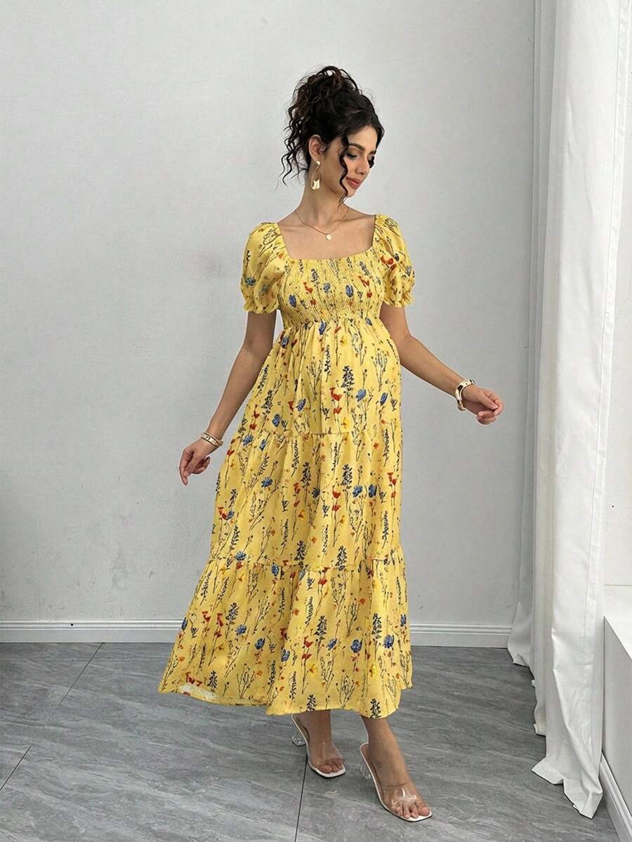 Maternity Floral A-Line Midi Dress - Square Neck, Puff Half Sleeve, Shirred, Drawstring Waist, Apricot