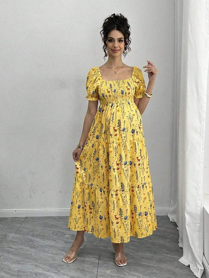 Maternity Floral A-Line Midi Dress - Square Neck, Puff Half Sleeve, Shirred, Slim Fit, Royal Blue