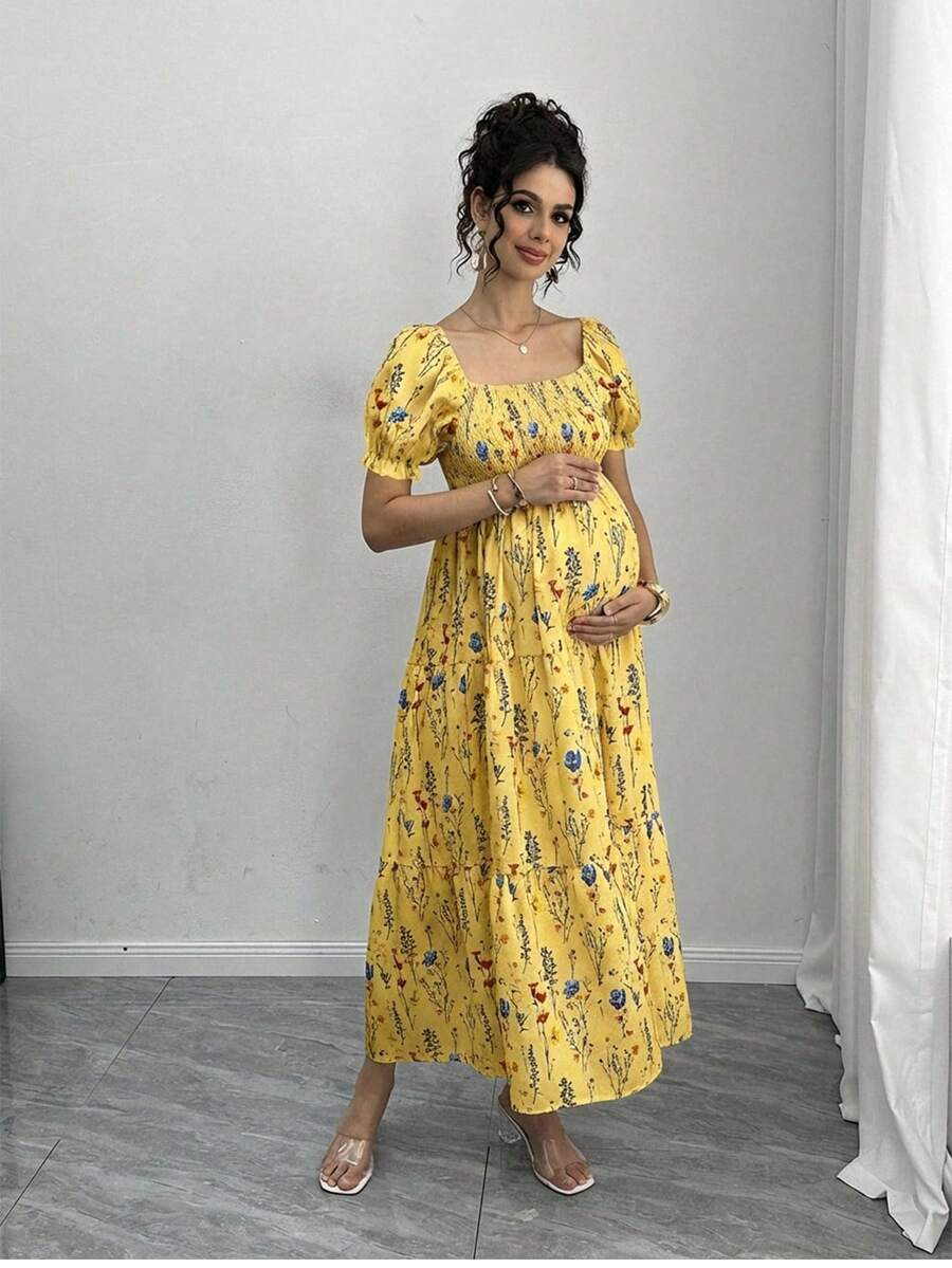 Maternity Floral A-Line Midi Dress - Square Neck, Puff Half Sleeve, Shirred, Slim Fit, Royal Blue