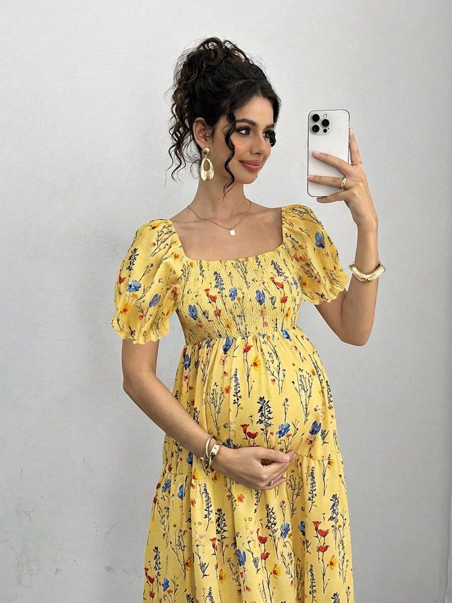 Maternity Floral A-Line Midi Dress - Square Neck, Puff Half Sleeve, Shirred, Slim Fit, Royal Blue