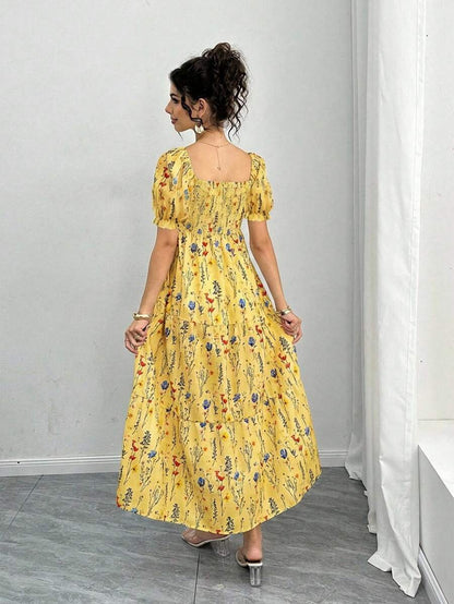 Maternity Floral A-Line Midi Dress - Square Neck, Puff Half Sleeve, Shirred, Slim Fit, Royal Blue