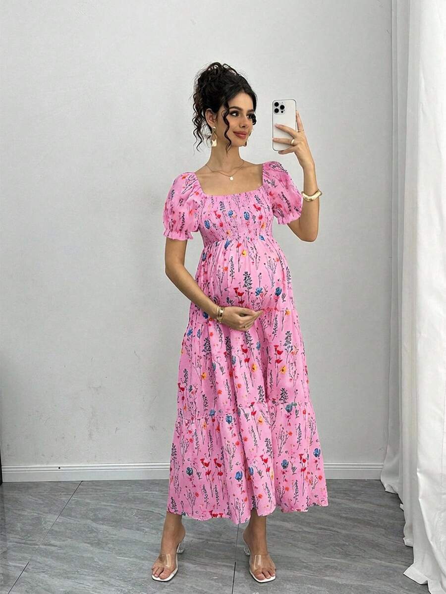 Maternity Floral A-Line Midi Dress - Square Neck, Puff Half Sleeve, Shirred, Drawstring Waist, Apricot