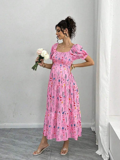 Maternity Floral A-Line Midi Dress - Square Neck, Puff Half Sleeve, Shirred, Drawstring Waist, Apricot
