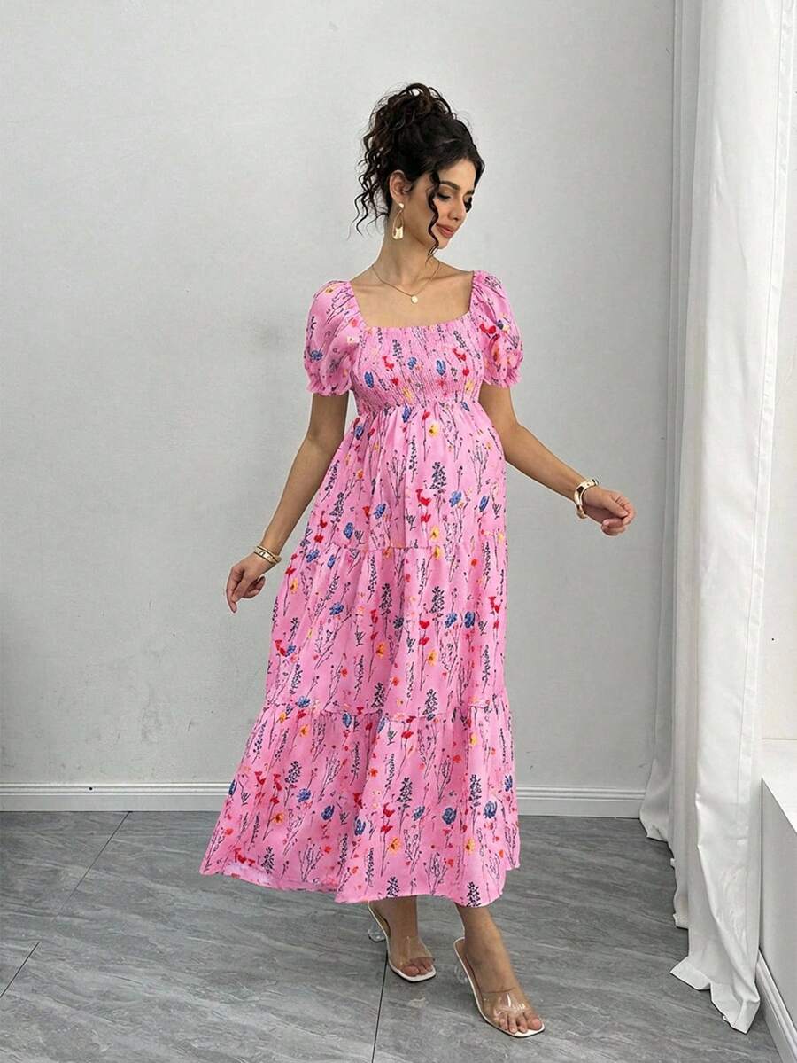Maternity Floral A-Line Midi Dress - Square Neck, Puff Half Sleeve, Shirred, Drawstring Waist, Apricot