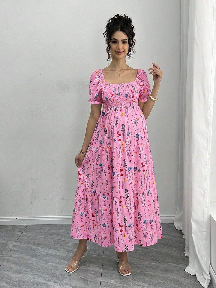Maternity Floral A-Line Midi Dress - Square Neck, Puff Half Sleeve, Shirred, Drawstring Waist, Apricot
