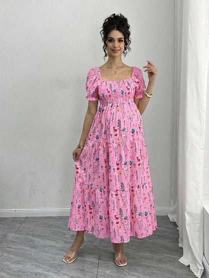 Maternity Floral A-Line Midi Dress - Square Neck, Puff Half Sleeve, Shirred, Drawstring Waist, Apricot