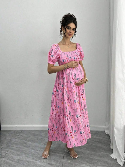 Maternity Floral A-Line Midi Dress - Square Neck, Puff Half Sleeve, Shirred, Slim Fit, Royal Blue
