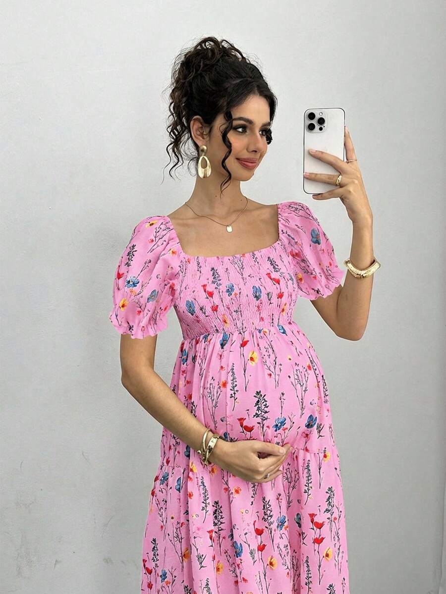 Maternity Floral A-Line Midi Dress - Square Neck, Puff Half Sleeve, Shirred, Drawstring Waist, Apricot