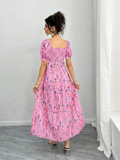 Maternity Floral A-Line Midi Dress - Square Neck, Puff Half Sleeve, Shirred, Drawstring Waist, Apricot