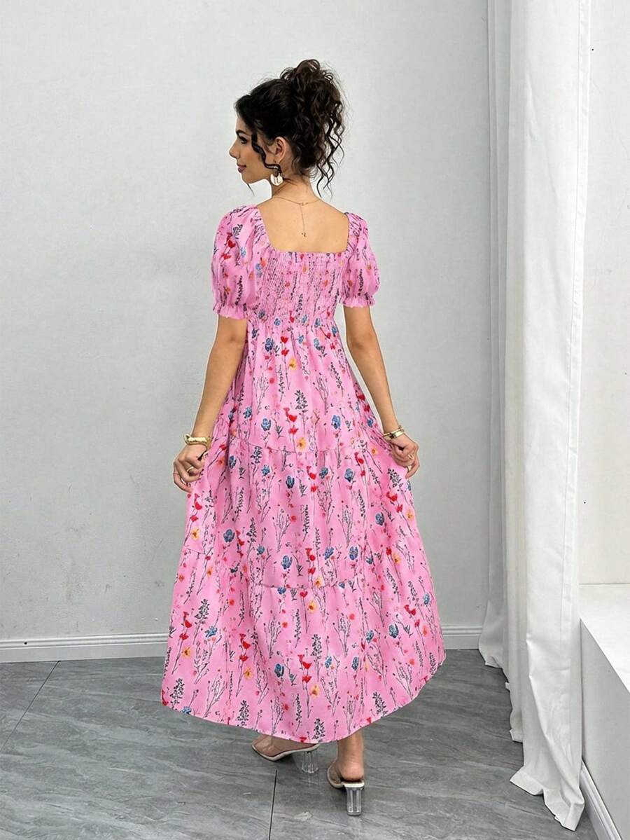 Maternity Floral A-Line Midi Dress - Square Neck, Puff Half Sleeve, Shirred, Slim Fit, Royal Blue
