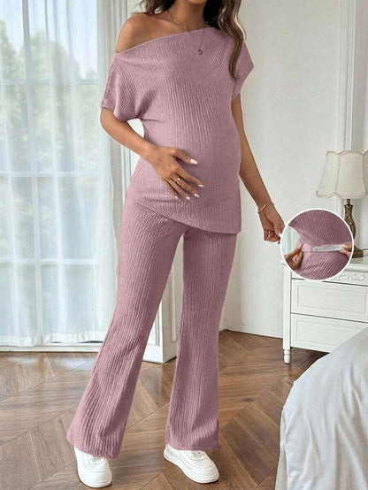 Maternity Asymmetrical Neck Batwing Sleeve T-Shirt and Long Pants Set Navy Blue Slim Fit Home Loungewear 2 Piece Outfit