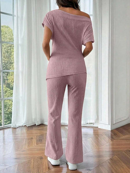 Maternity Asymmetrical Neck Batwing Sleeve T-Shirt and Long Pants Set Navy Blue Slim Fit Home Loungewear 2 Piece Outfit