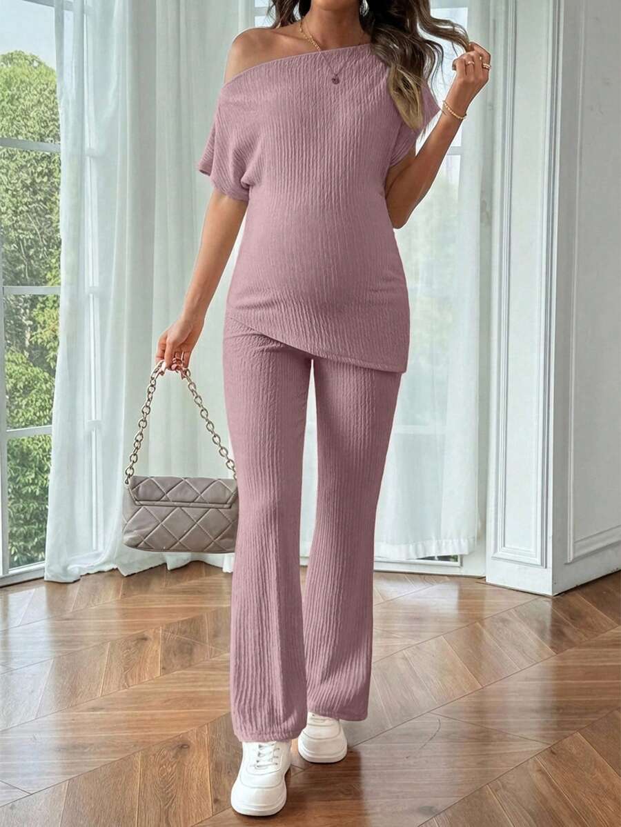 Maternity Asymmetrical Neck Batwing Sleeve T-Shirt and Long Pants Set Navy Blue Slim Fit Home Loungewear 2 Piece Outfit