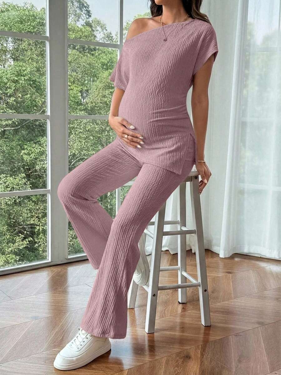 Maternity Asymmetrical Neck Batwing Sleeve T-Shirt and Long Pants Set Navy Blue Slim Fit Home Loungewear 2 Piece Outfit