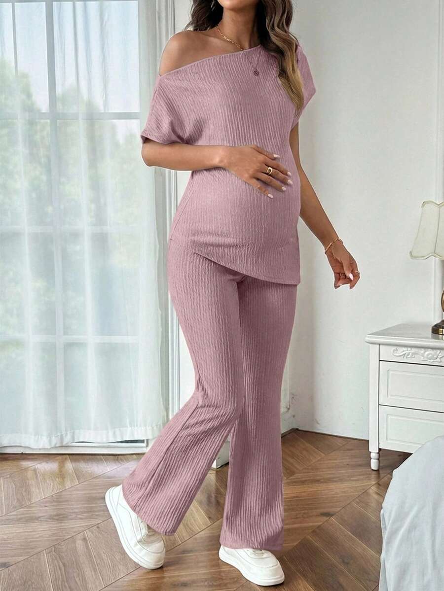 Maternity Asymmetrical Neck Batwing Sleeve T-Shirt and Long Pants Set Navy Blue Slim Fit Home Loungewear 2 Piece Outfit