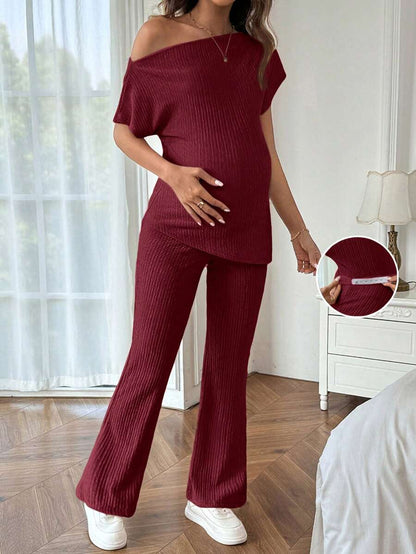 Maternity Asymmetrical Neck Batwing Sleeve T-Shirt and Long Pants Set Navy Blue Slim Fit Home Loungewear 2 Piece Outfit