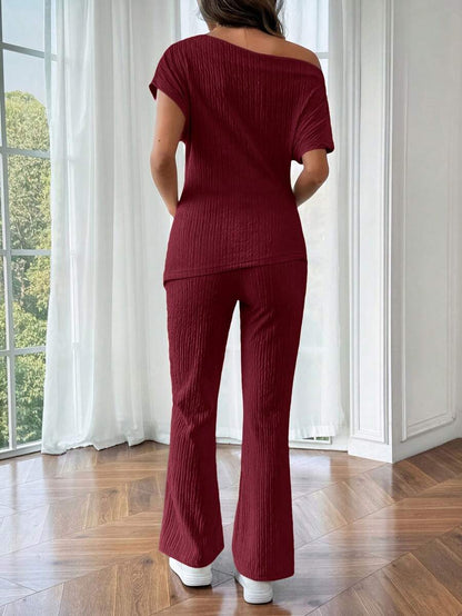 Maternity Asymmetrical Neck Batwing Sleeve T-Shirt and Long Pants Set Navy Blue Slim Fit Home Loungewear 2 Piece Outfit
