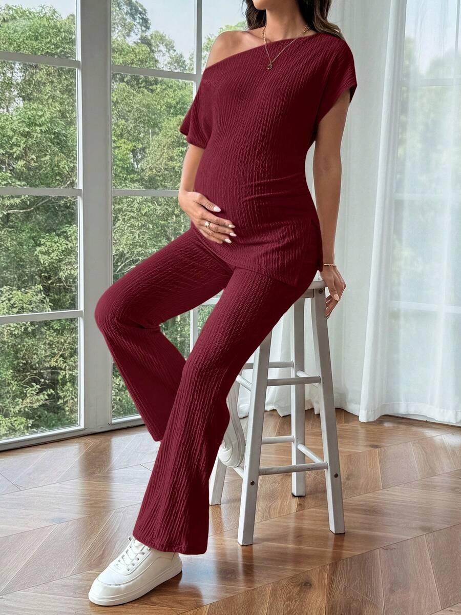 Maternity Asymmetrical Neck Batwing Sleeve T-Shirt and Long Pants Set Navy Blue Slim Fit Home Loungewear 2 Piece Outfit