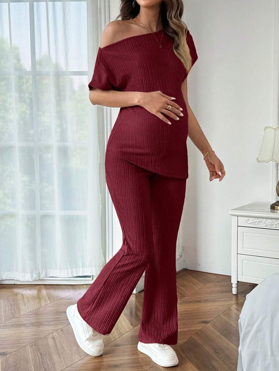 Maternity Asymmetrical Neck Batwing Sleeve T-Shirt and Long Pants Set Navy Blue Slim Fit Home Loungewear 2 Piece Outfit