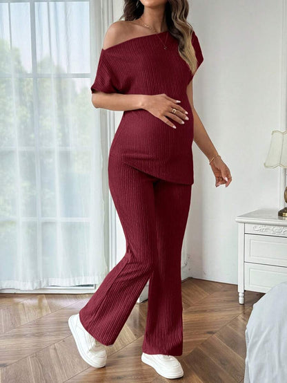 Maternity Asymmetrical Neck Batwing Sleeve T-Shirt and Long Pants Set Navy Blue Slim Fit Home Loungewear 2 Piece Outfit
