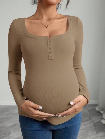 Maternity T-Shirt - Solid Color Button Half Placket Long Sleeve Casual Soft, Everyday Pregnancy
