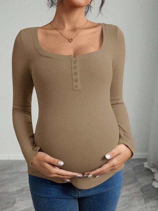 Maternity T-Shirt - Solid Color Button Half Placket Long Sleeve Casual Soft, Everyday Pregnancy