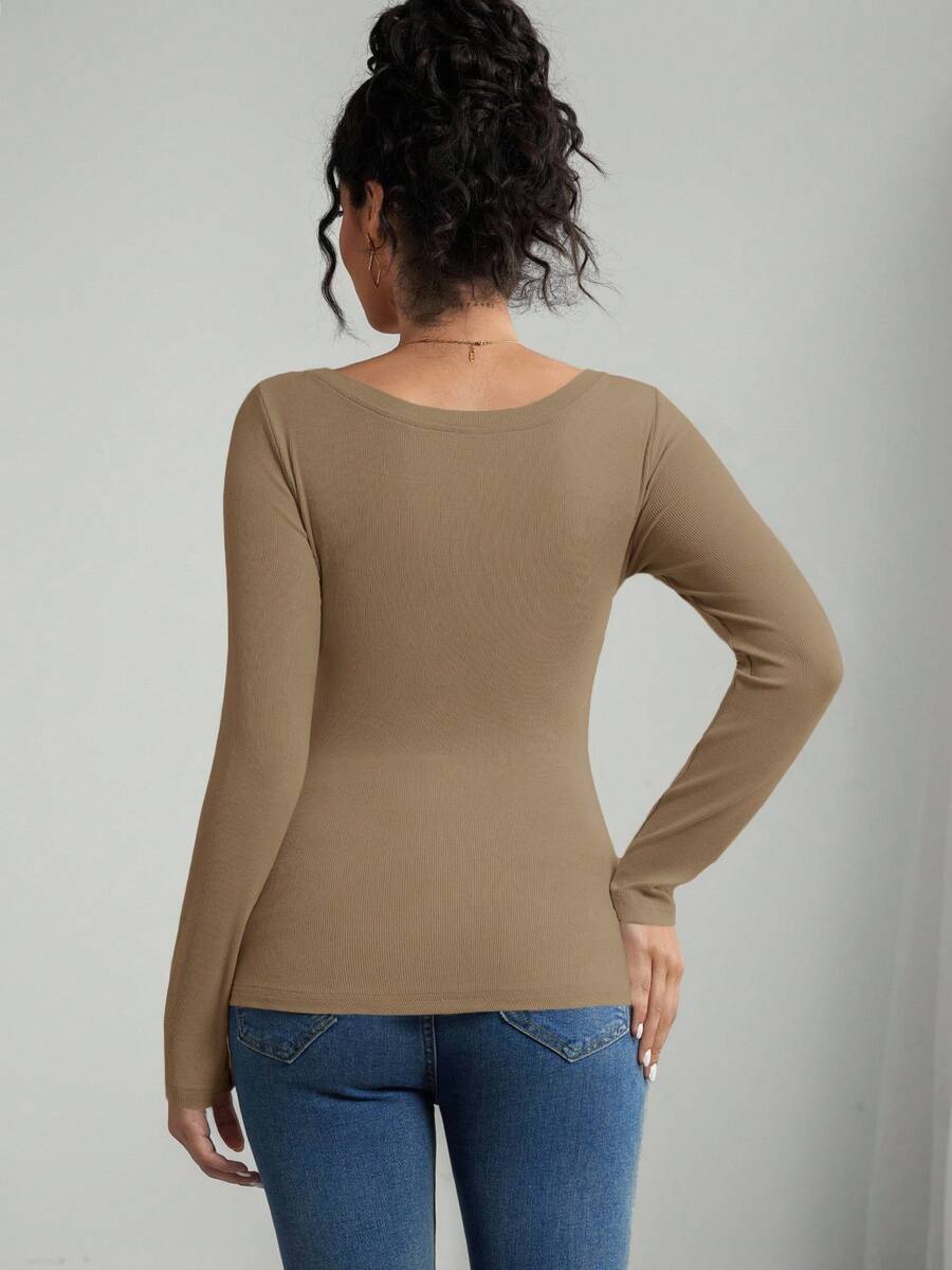 Maternity T-Shirt - Solid Color Button Half Placket Long Sleeve Casual Soft, Everyday Pregnancy