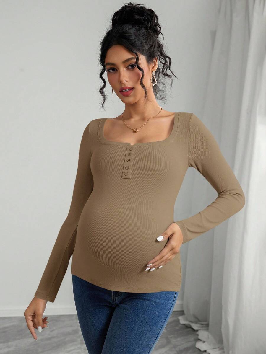 Maternity Grey Long Sleeve Slim Fit Henley T-Shirt with High Stretch Square Neck and Half Button Placket Detail