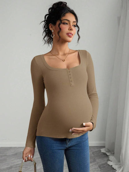 Maternity T-Shirt - Solid Color Button Half Placket Long Sleeve Casual Soft, Everyday Pregnancy