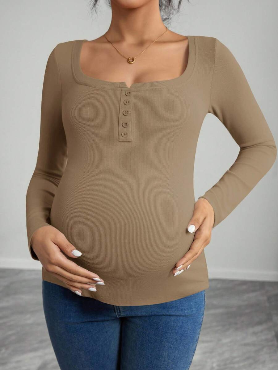 Maternity Grey Long Sleeve Slim Fit Henley T-Shirt with High Stretch Square Neck and Half Button Placket Detail